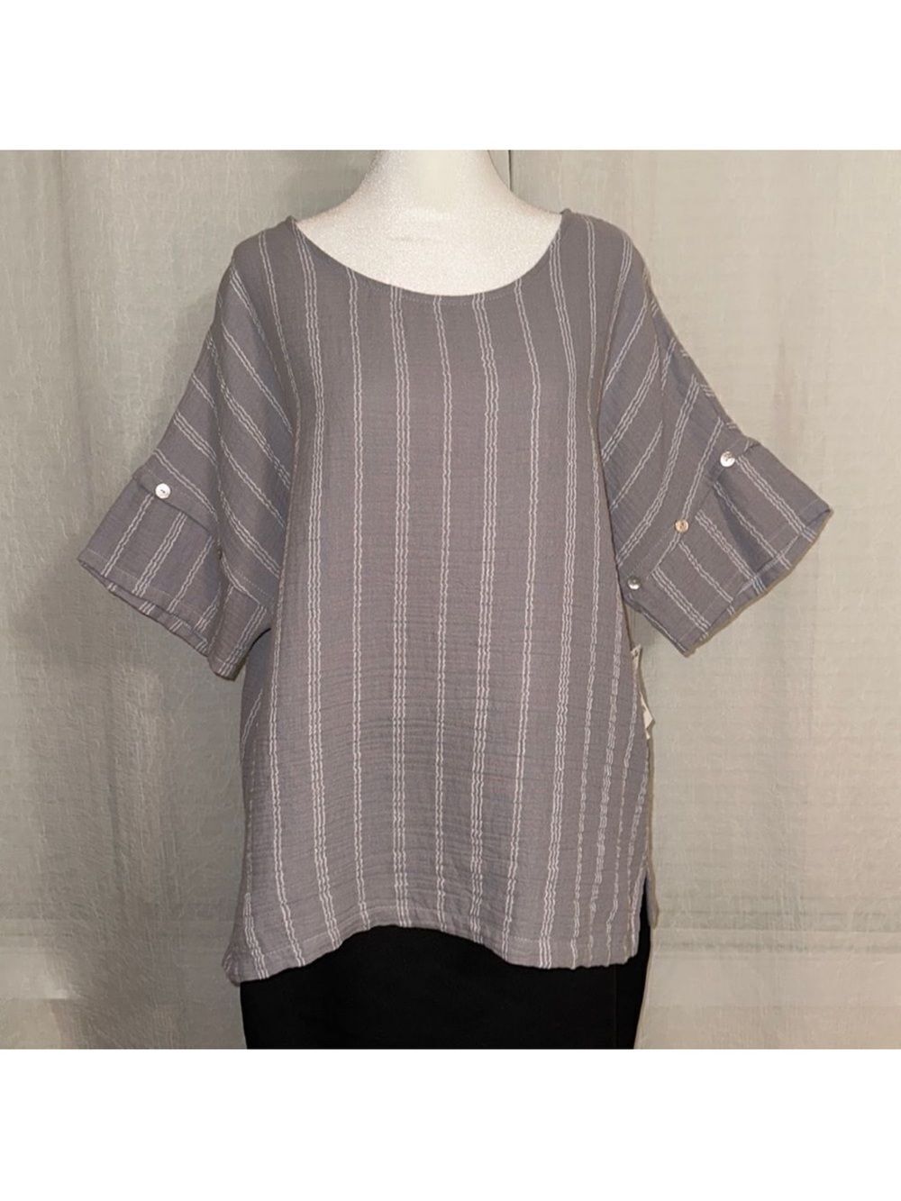 peck&peck XL Crinkle Pearl Gray White Striped Cotton Short Sleeve Top